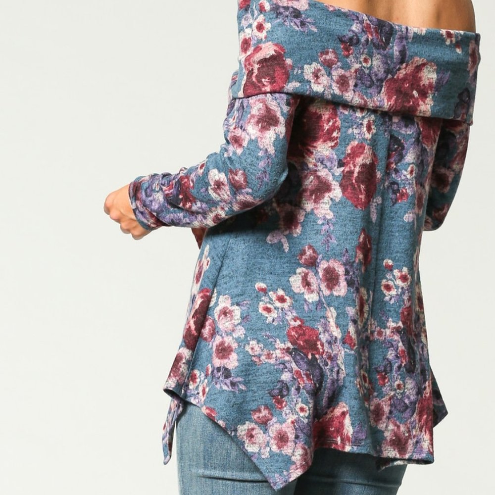 DONATED!! Floral off shoulder tunic in denim blue - Picture 4 of 6